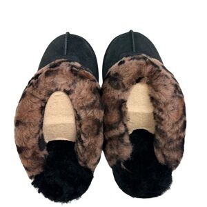 UGG Black Slip-On Slippers with Leopard